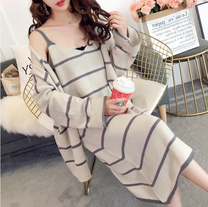 Женский вязаный свитер в полоску кардиган + платье-комбинация комплект из 2