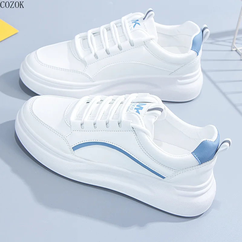 

small White shoes Women Sneakers Pink Blue Brown Girl Casual Shoes White Leather Thick Bottom Nice Quality Comfortable Lace Up