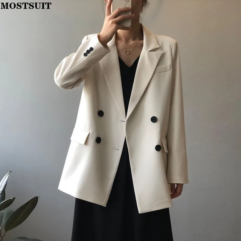 

Elegant Double Breasted Loose Female Blazer Suit 2021 Autumn Full Sleeve Women Solid Suit Jackets Ladies Outwear Tops