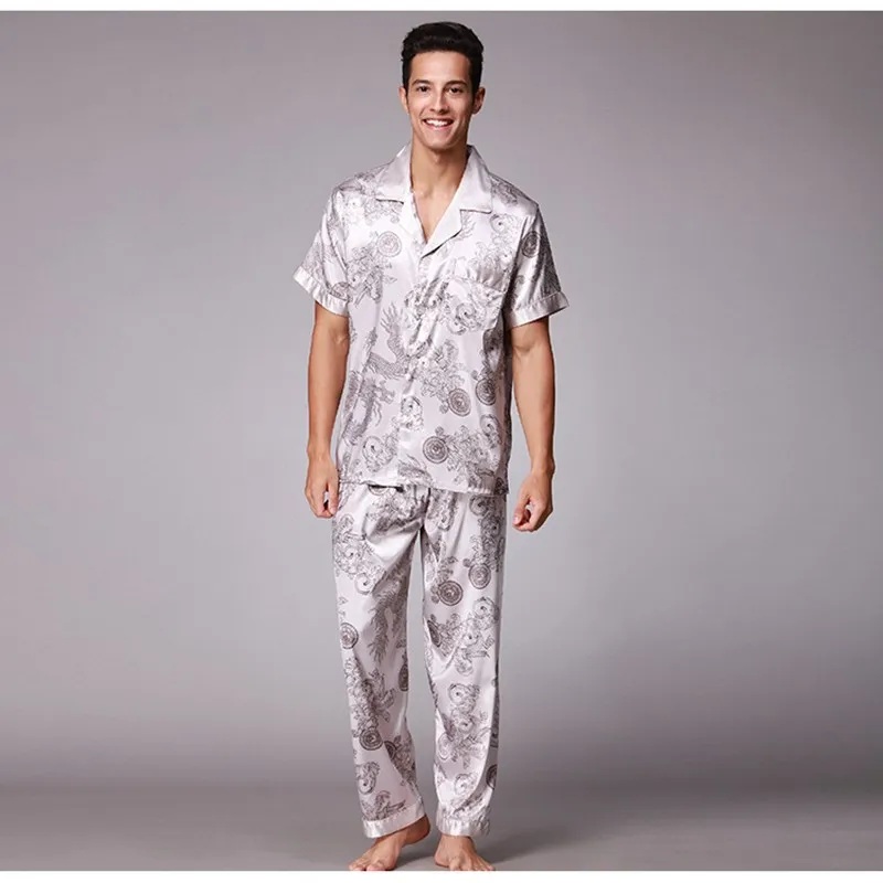 Men's Stain Sleepwear Sets Summer Silk Pajamas for Men Short Sleeve T-Shirt Trousers Homewear Blue Gray Black Nightwear for Men