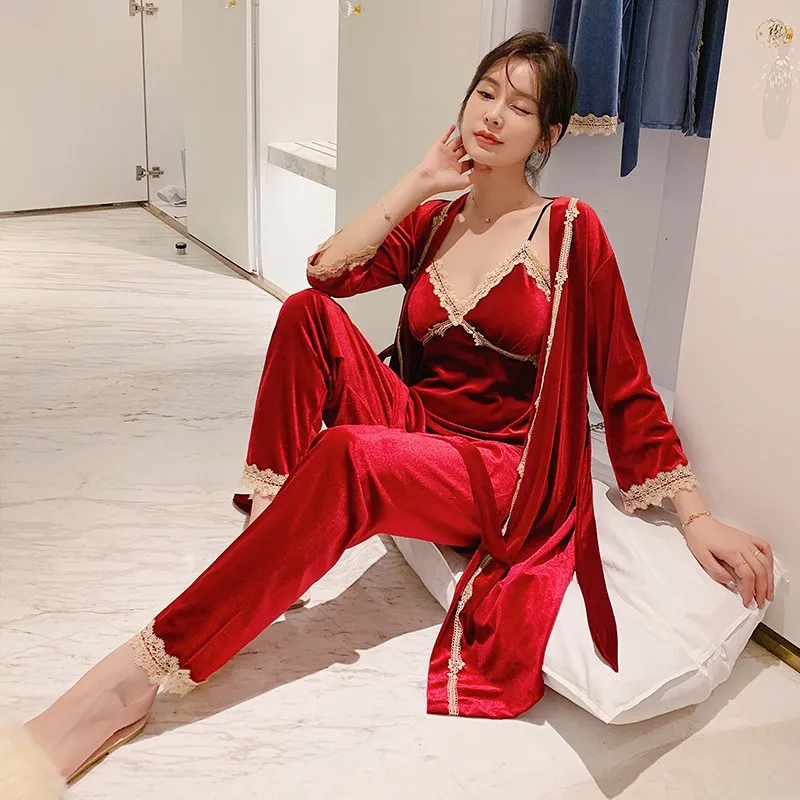 

Sexy V-neck Lace Trim Sleepwear Nightwear Autumn Winter Velour Women 3PCS Pajamas Robe Set Casual Bathrobe Homewear Pijamas Suit