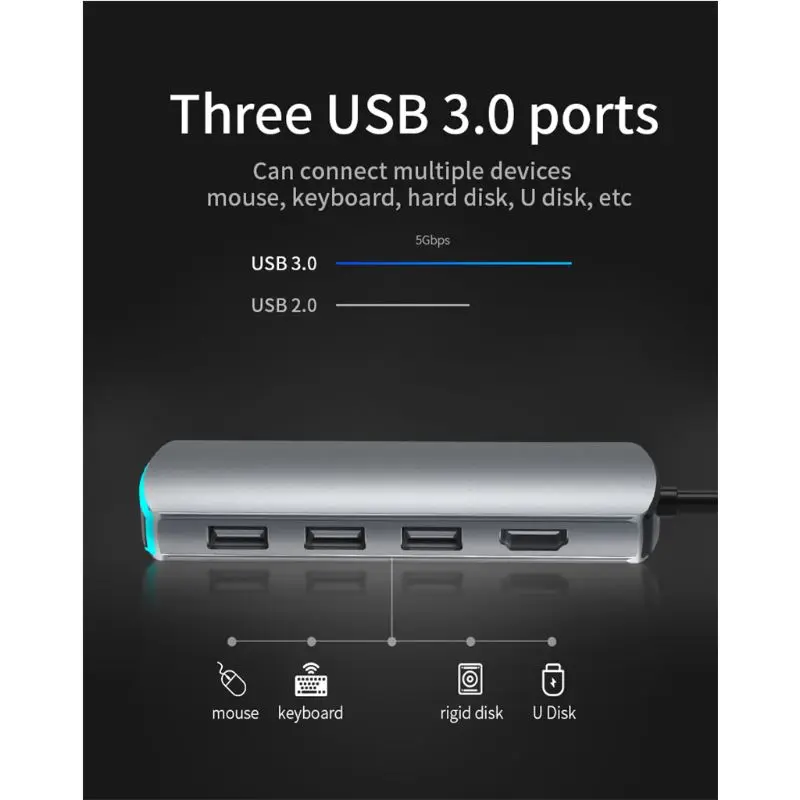 

8 In 1 Multifunction USB C Hub Aluminum USB3.0 Splitter Switcher Indicator Light 667C