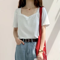 summer short sleeve t shirts women 2021 korean loose low cut v neck tops tee shirts femme cotton casual solid top