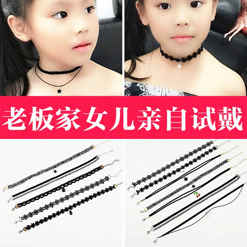 Girls Necklace Accessories Strawberry South Korea Online Celebrity Children Lace Choker Fashion Ulzzang Princess Black Lanyard |