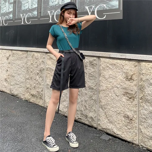 

Vintage 2019 Fashion Pocket Summer Set Women Casual Brief Korean Two Piece Set A-line High Waist O-neck 2 Pcs Set