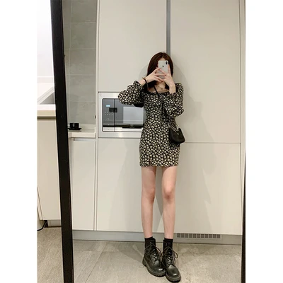 

COIGARSAM Floral Print Women Square Collar Dresses Black Broken Dress 608