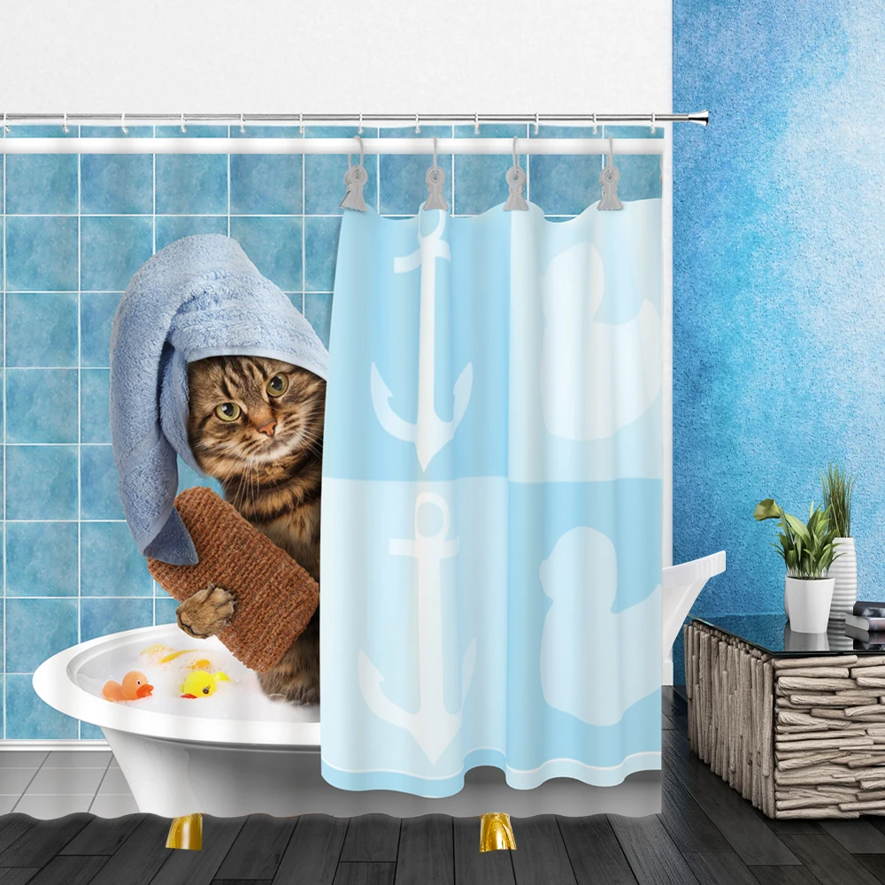 funny animal shower curtains decoration cute pet cat home bathroom decor polyester bath cloth hanging curtain set with hooks free global shipping