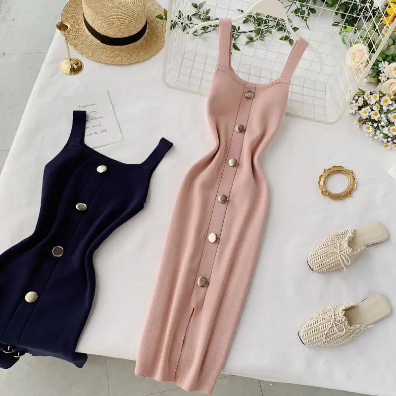 

2021 Summer Pink/Red/White/Black Women Knitted Dress Vintage High Waist Button Single-breasted Slim Casual Dress For Female New