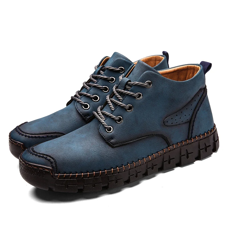 

Brand Blue Men's Leather Boots Winter Plush Warm Men Snow Boots Outdoor Comfort Male Motorcycle Boots Handmade Casual Boots Man