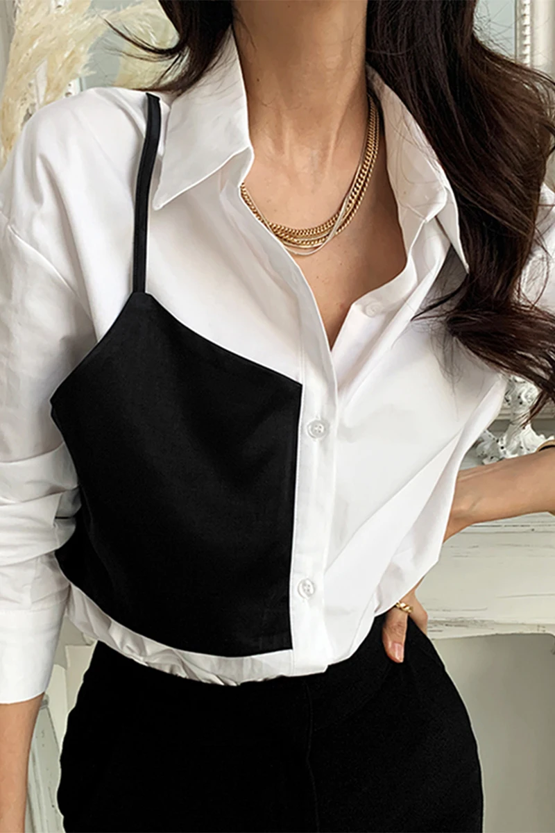 

ZCSMLL Korea Chic Spring Lapel Single-breasted Asymmetric Stitching Contrast Color Fake Two-piece Long-sleeved Women Shirt