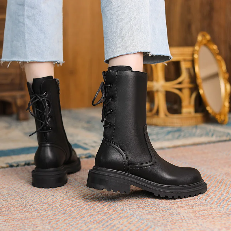 

New Chunky Boots Fashion Platform Women Ankle Female Sole Pouch Ankle Botas Mujer Round Toe Slip On Botas Altas Mujer