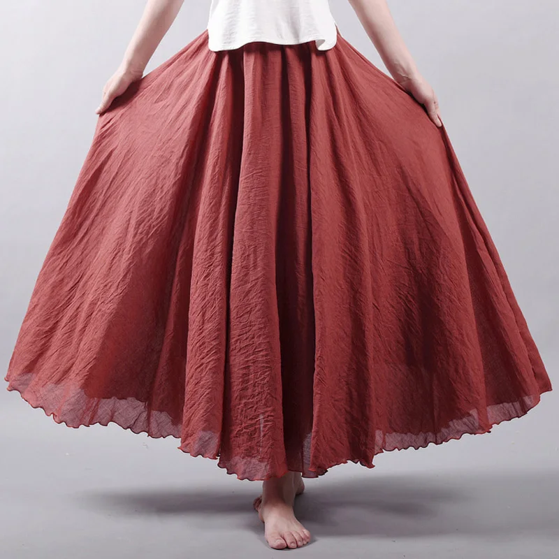 

2021 Women Linen Cotton Long Skirts Elastic Waist Pleated Maxi Skirts Beach Vintage Summer Skirts