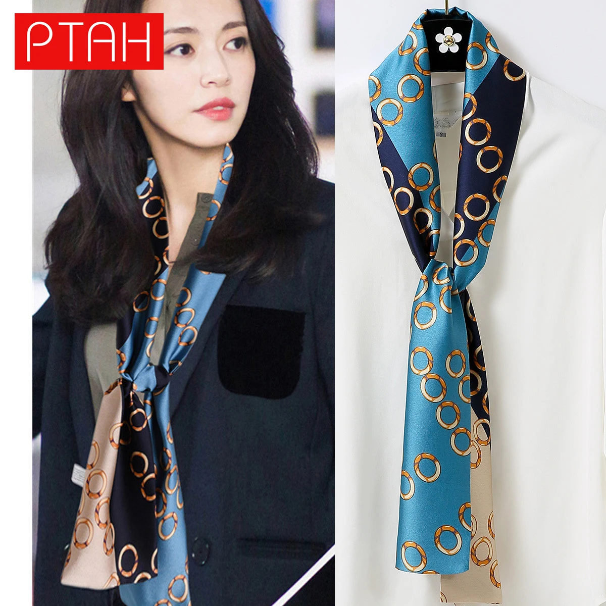 

[PTAH] Women Party Silk Scarf Lightweight Small Square Neckerchief Breathable Digital Printed Scarf High Quality Comfort Female
