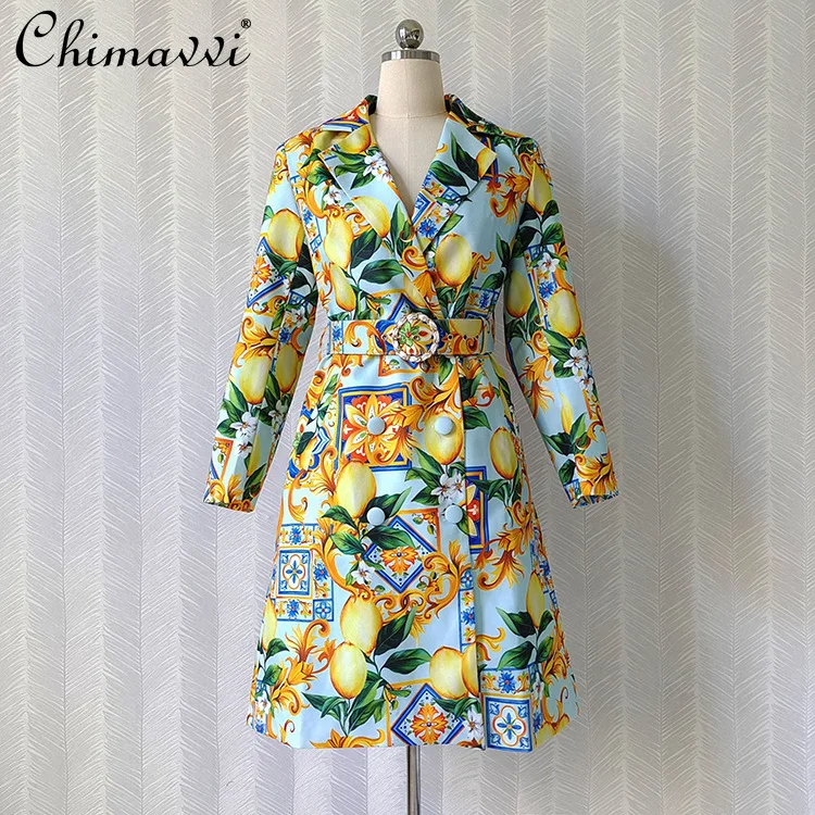 

2021 Women's Clothing Fashion Vintage Printed High Waist Slim Trench Coat High-End Mid-Length Elegant Long Sleeve Windbreaker