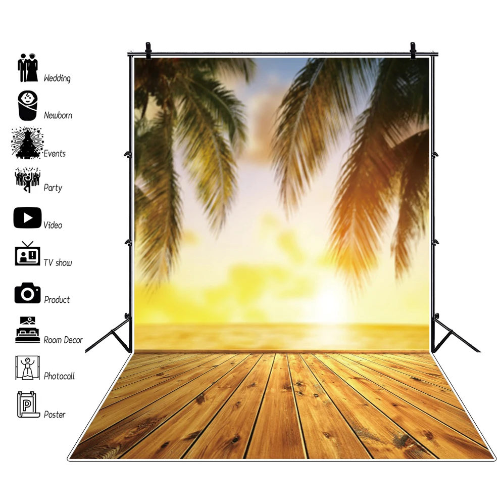 

Wood Floor Palms tree Sunrise Aurora Seascape Photocall Photo Backdrop Photocall Vinyl Photography Background For Photo Studio