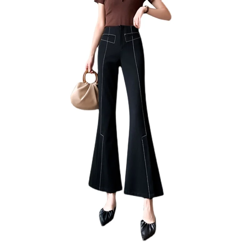 

Summer Women's High Waist Flare Pants Design Bell Bottom Leggings Black Split Suit Trousers Slim New Casual Ankle-length Pants