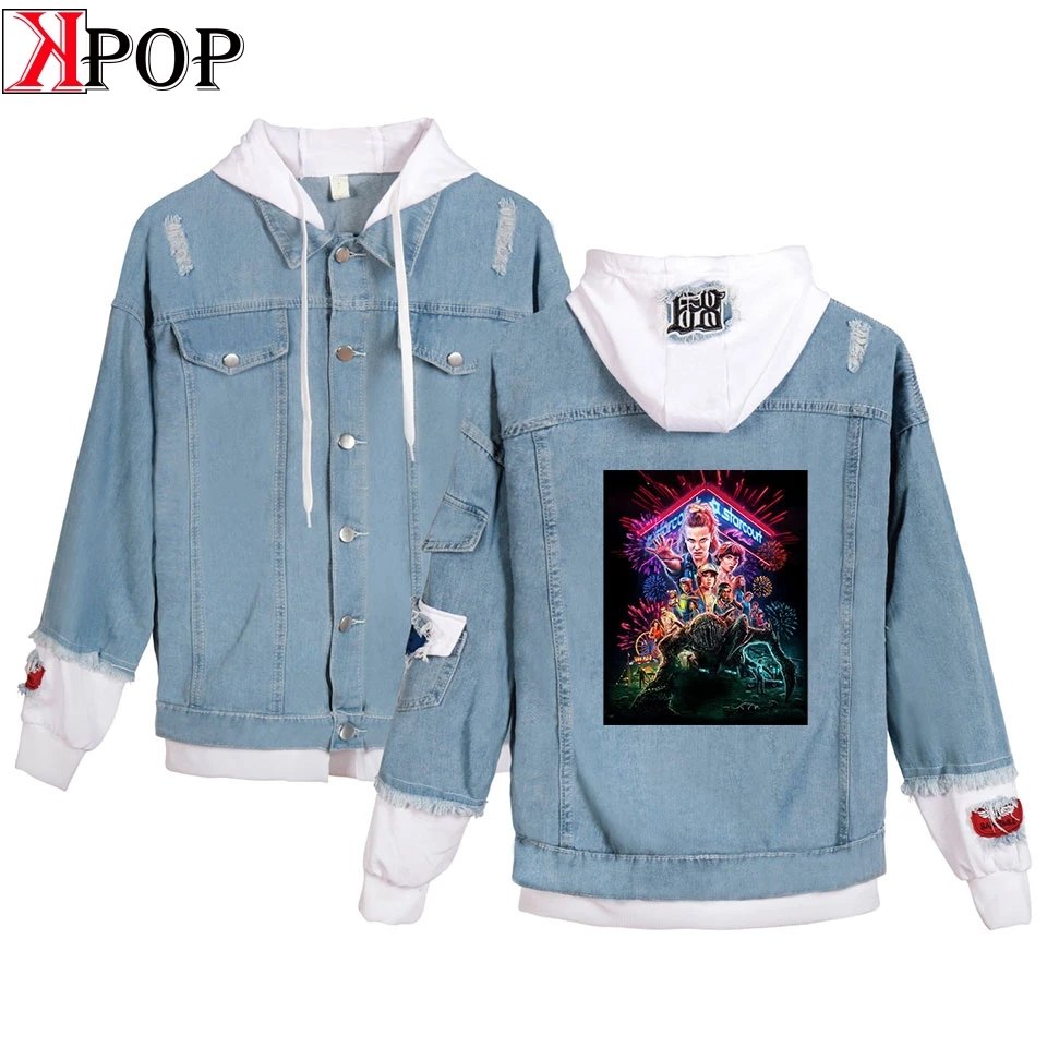 

Denim Jacket Stranger things Hooded Denim Jacket Women Fake Two Pieces Trends Jean Pockets Loose Jackets Jeans Coat Female