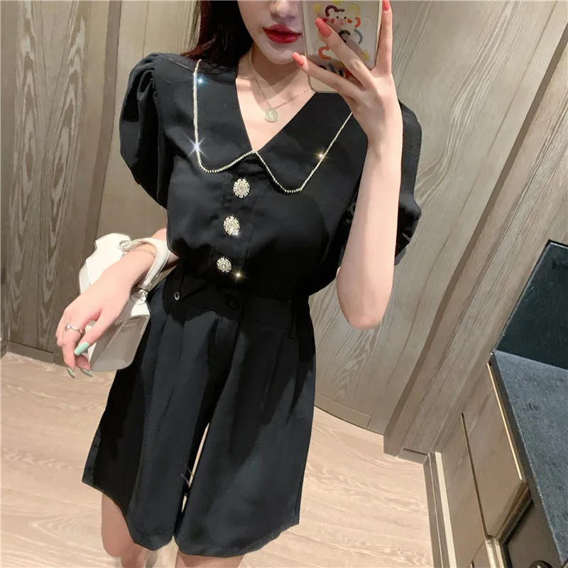 

COIGARSAM Loose Womens tops Puff Sleeve High Waist Women shirts Shirt White Pants Black Trousers Q170