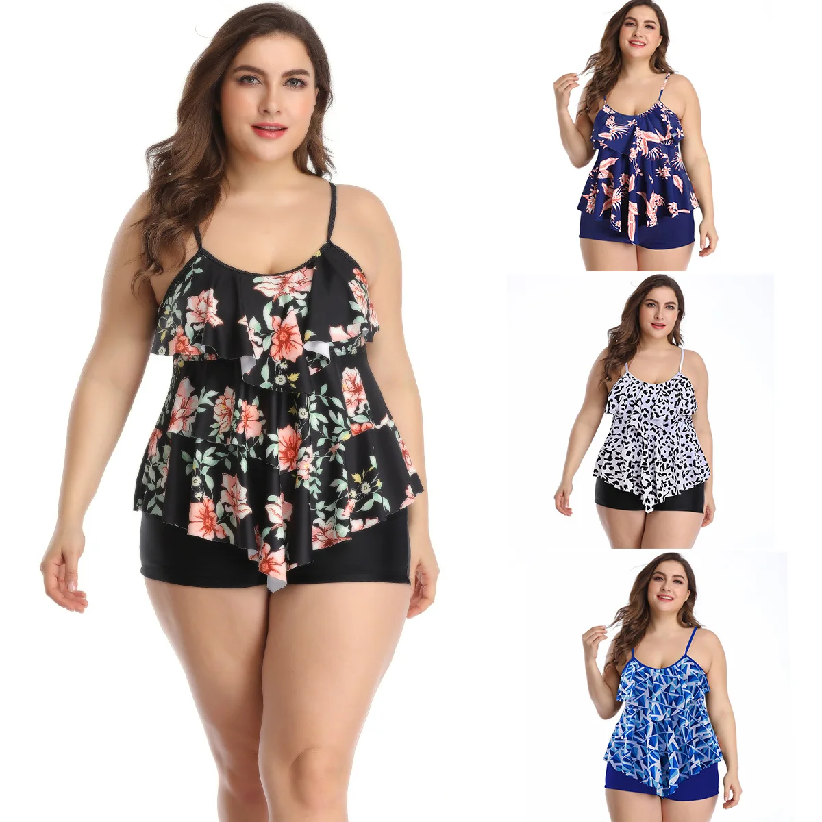 

Новинка 2021, купальник, модное летнее бикини с трехслойными оборками и принтом, большие размеры, боксеры, плавание