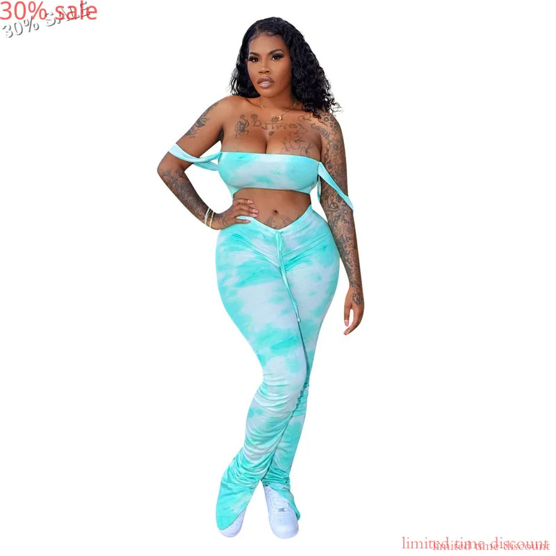 Милый укороченный топ с штанами Женский комплект модный галстук краситель 2 шт