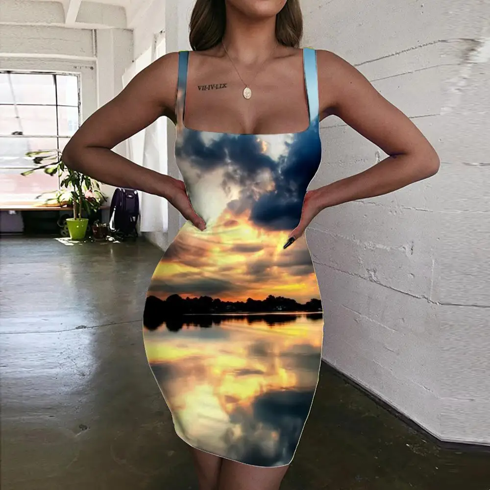 

KYKU Brand Landscape Dress Women Ocean Sundress Cloud Vestido Sexy Sunset Glow Bodycon Dress Womens Clothing Party Beach Boho