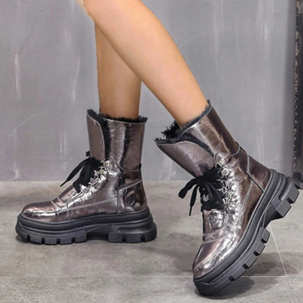 Женская обувь ботинки на платформе в Корейском стиле женские зимние блестящие