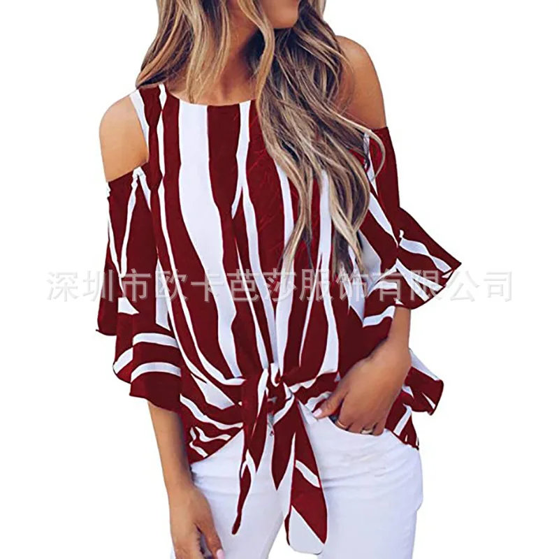 

2021 spring and summer new women's off shoulder lace up shirt fashion stripe casual top