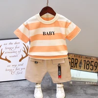 striped baby boys clothes 1 2 3 4 5 years fashion kids cotton t shirt with khaki shorts children costume toddler outfit letter