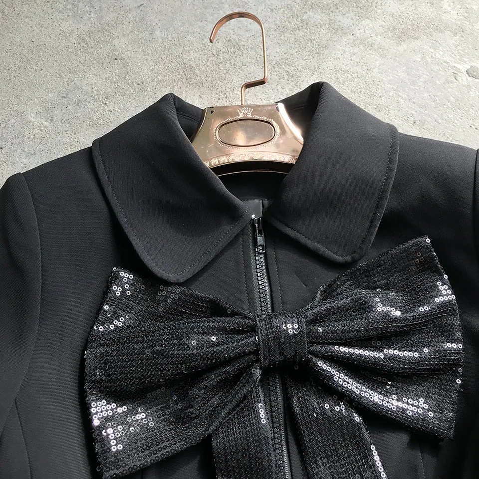 

Fashion Elegant Black Blazer Jacket 2021 Spring Runway Sequins Bows Slim Women Coat Zipper Up Suit Jacket