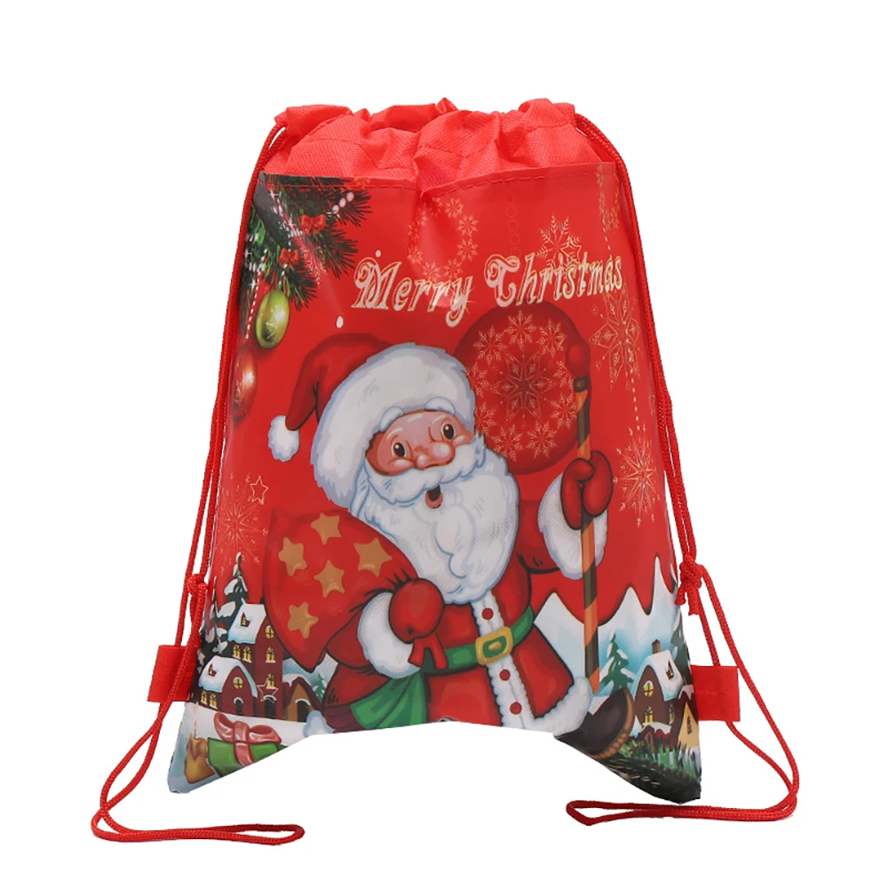 

10pcs Popular Happy Xmas Merry Christmas Santa Claus Non-woven Gift Bag Drawstring Backpacks Happy New Year Party Gift Bags