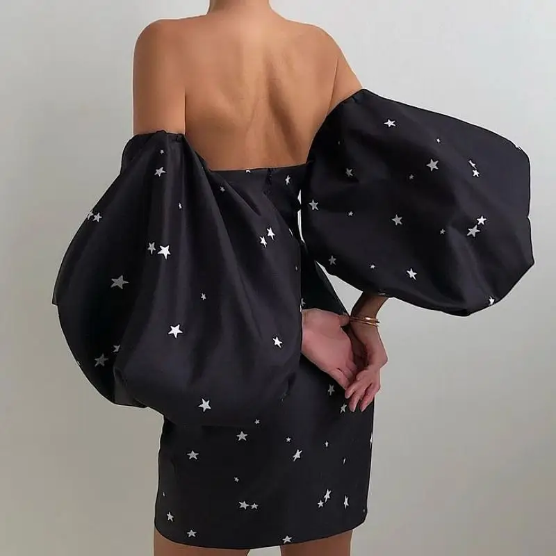 

Women Retro Dress Fashion Puff Sleeve Off Shoulder Bodycon Dress Summer Sexy Backless Beachwear Ladies Party Dress