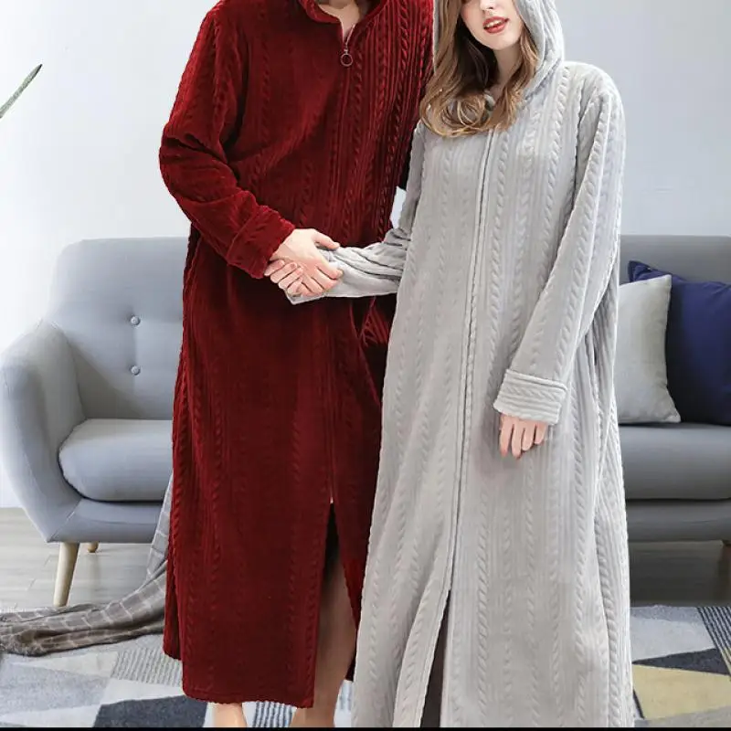 Повседневный фланелевый Халат на молнии с капюшоном мужской однотонный халат