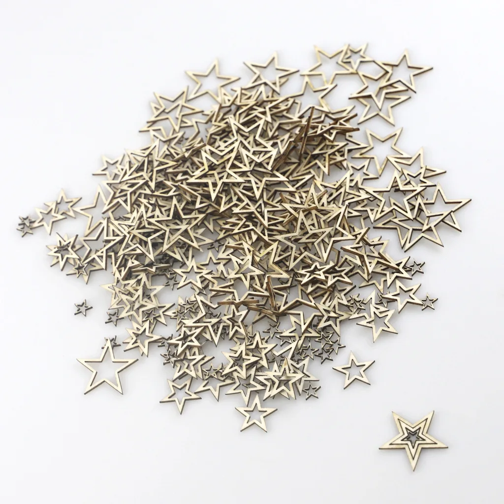 

100pcs 10mm Mixed Size Wooden Hollow Out Star Embellishments Tags Wooden Stars Slices for Christmas Wedding Party Decorations