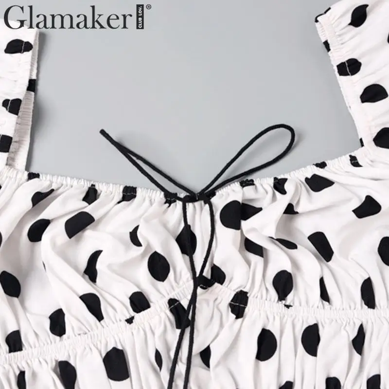 Glamaker, блузка в горошек с оборками, рубашка, Женская Осенняя блузка на шнуровке, укороченный топ, новинка, топ с пышными рукавами и квадратным воротником, зимний