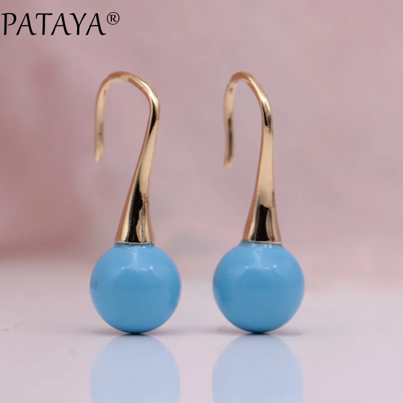 PATAYA новые длинные серьги с жемчугом двойного назначения, круглые висячие серьги 585, розовое золото, белый натуральный циркон, женские модные ювелирные изделия - Окраска металла: Turkish blue