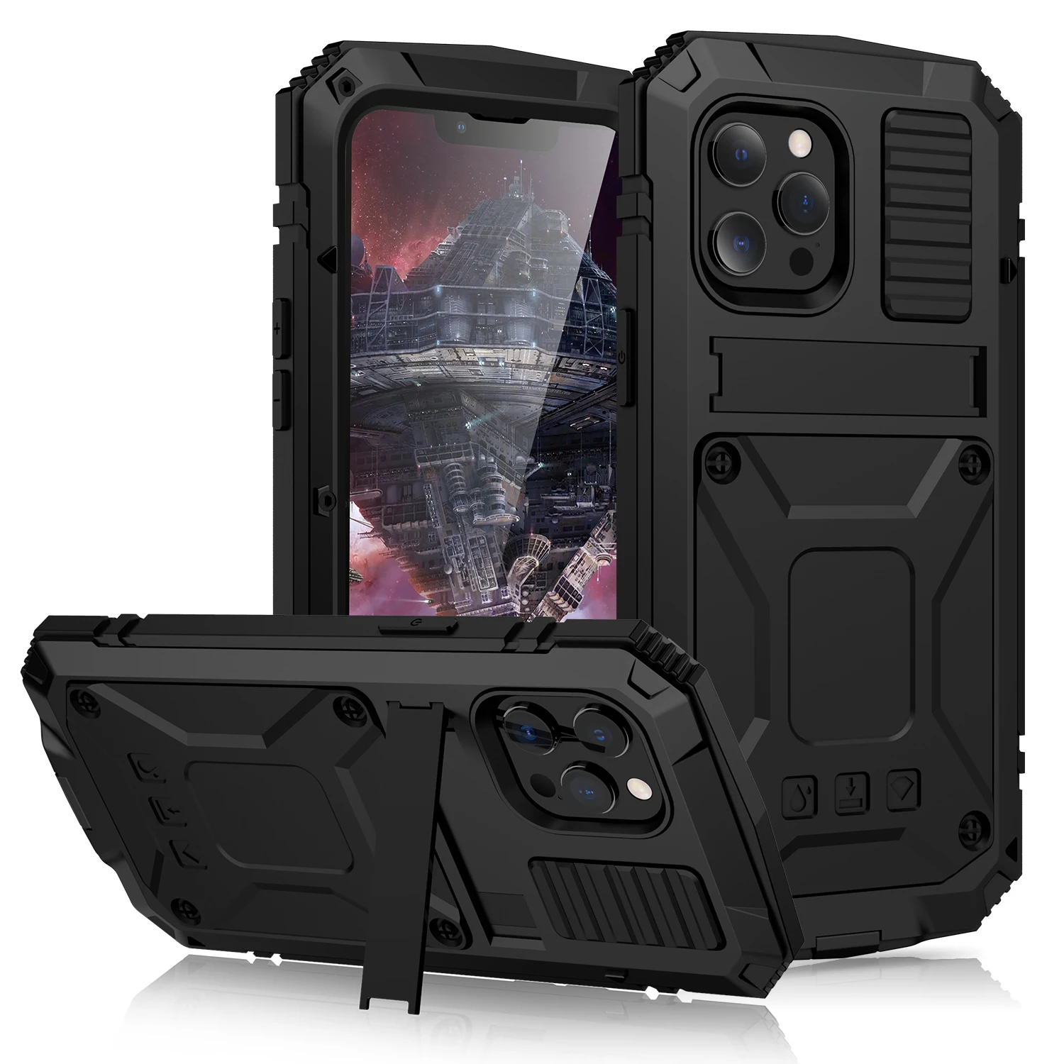 

For iPhone 13 Cover Full-Body Rugged Armor Shockproof Protective Case for iPhone 13 Pro Max Mini Kickstand Aluminum Metal Cover