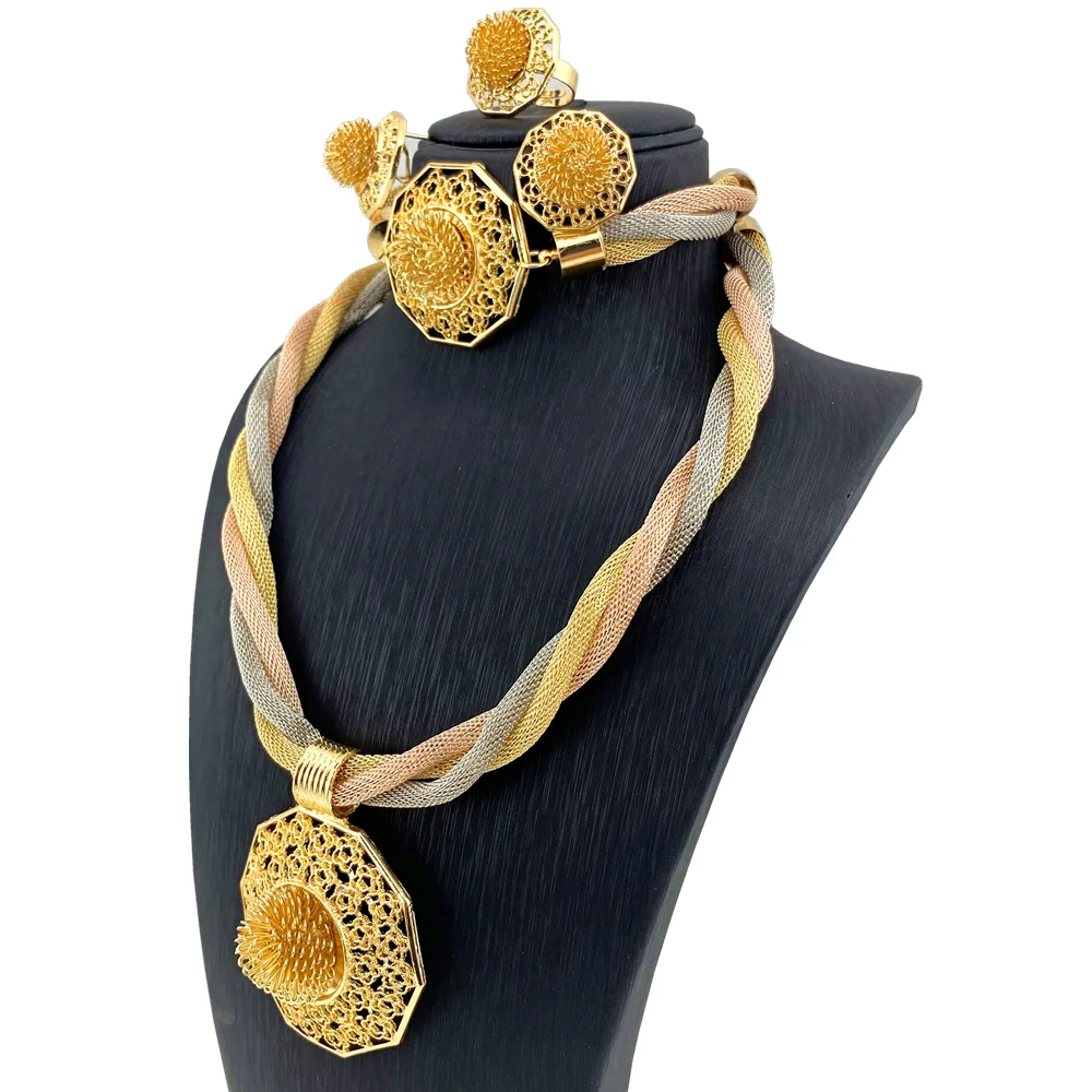 

2022 Fashion African Nigerian Ring Pendant Bracelet Jewelry Charm Necklace Earrings Dubai Gold Sets for Women Wedding Bridal