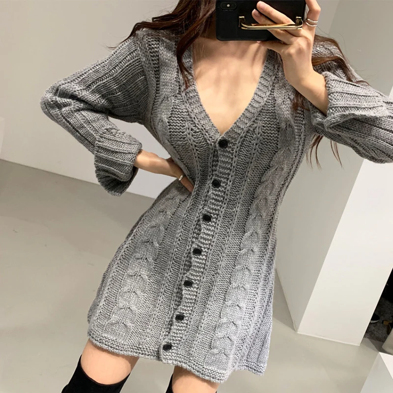 

Sister Fara Spring Autumn New Woman's V-Neck Knitting Twist Dress Short Skirt Thin Sexy Fashion Harajuku OL Office Lady Dresses