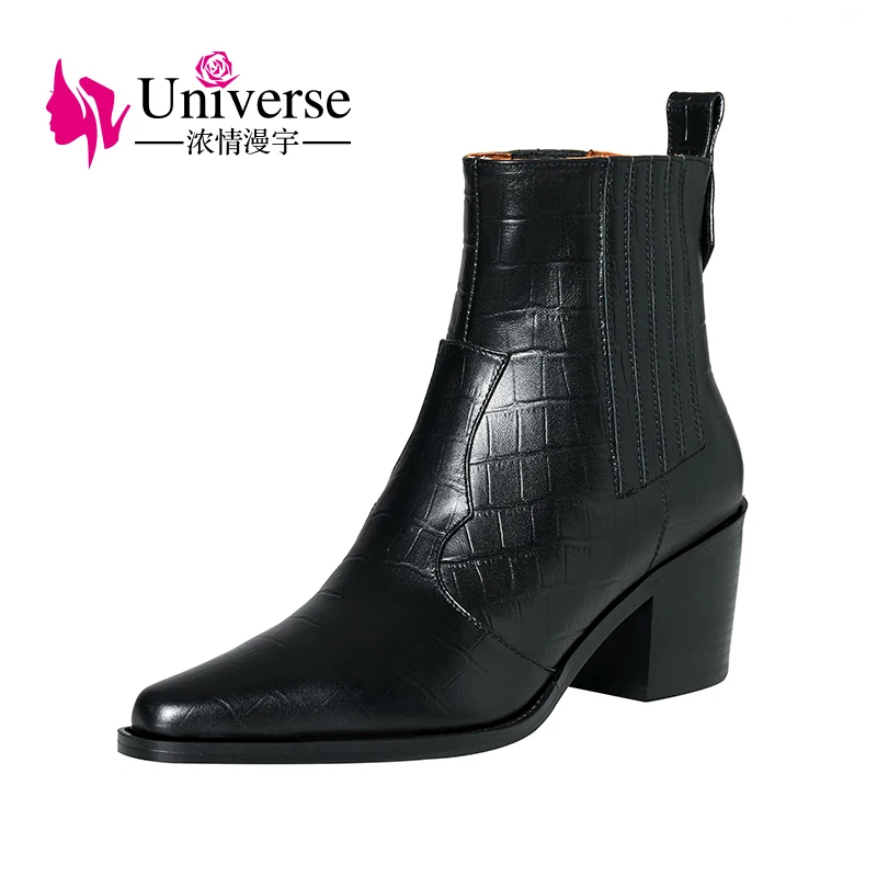 

Universe K292 Embossing Genuine Cow Leather Ankle Boots Women Shoes Chunky Heels Ladies Boots