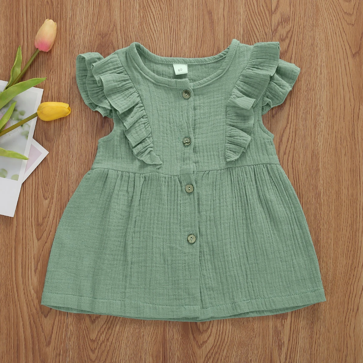 0-3Y Summer Cute Infant Baby Girls Mini Dress 4 Colors Solid Button Ruffles Sleeve A-Line Holiday Outfits | Детская одежда и обувь