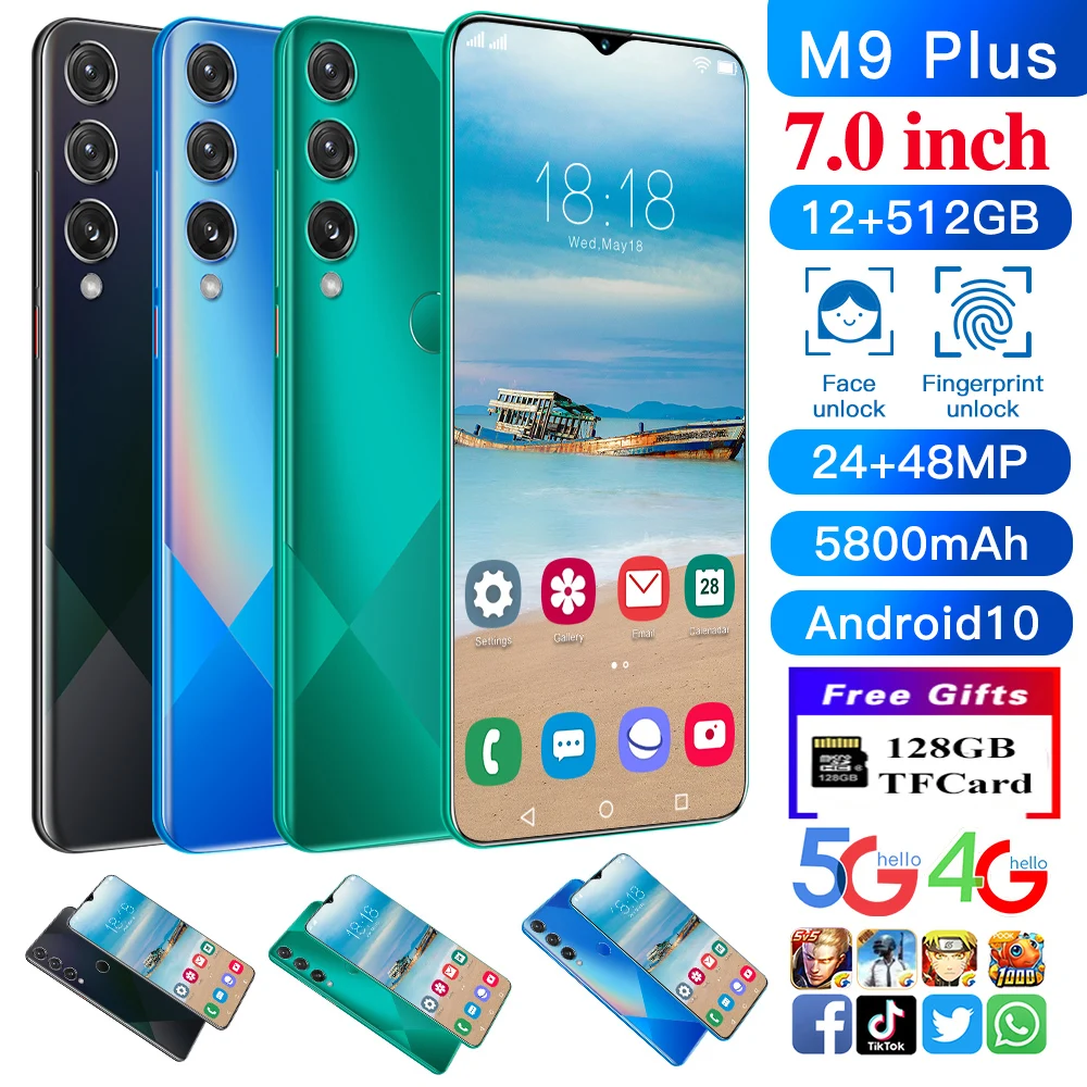 

M9 Plus 7.0"HD Big Screen Phone 24+48MP Camera 12+512GB Large Memory MTK6889 Android 10 Face ID Unlock 5800mAH Battery Dual SIM