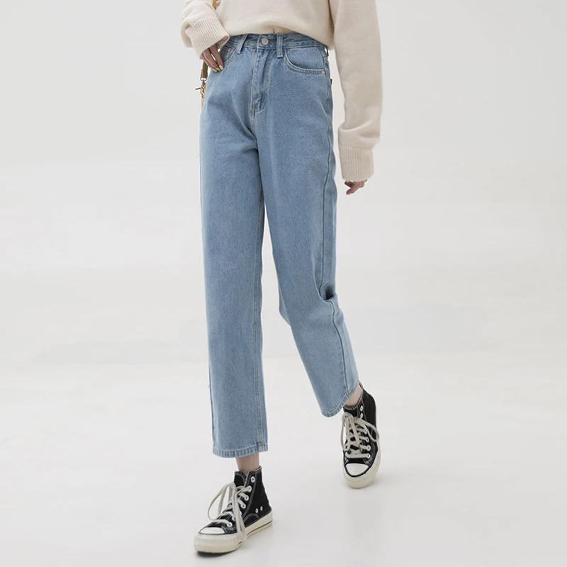 

Брюки женские джинсовые прямые с завышенной талией, повседневные винтажные длинные штаны на пуговицах, уличная одежда, синие, весна-осень