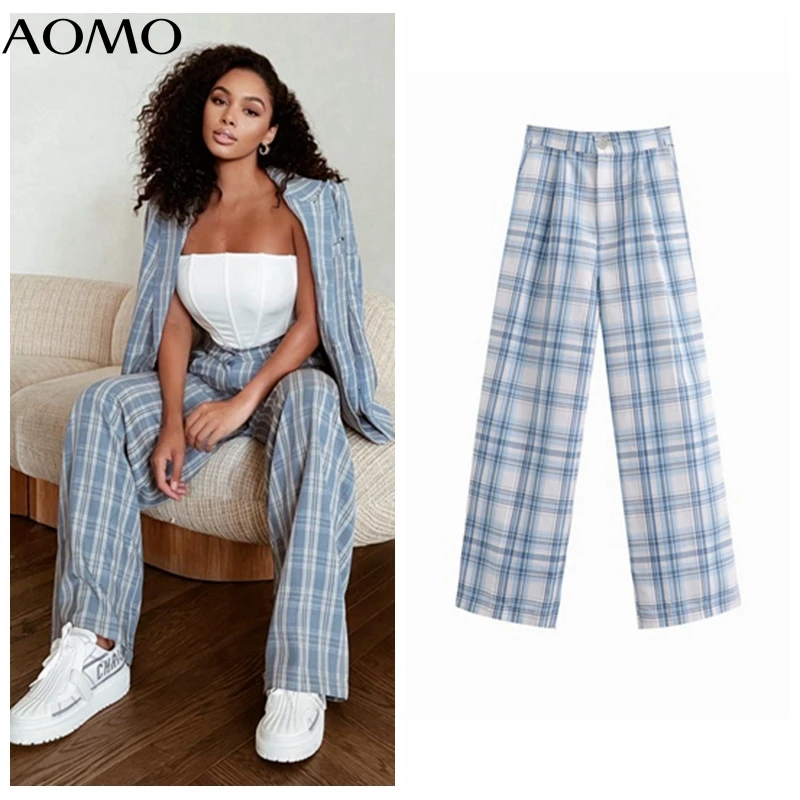 

AOMO 2021 Fashion Women Blue Plaid Suit Pants Trousers Pockets Office Lady Elegant Pants Pantalon 1M69A