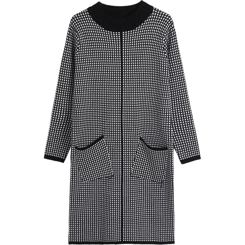

Winter Thick Warm Houndstooth Knitted Dress Women Vintage Slim Half Turtleneck Sweater Dress Casual Pocket Midi Straight Dresses