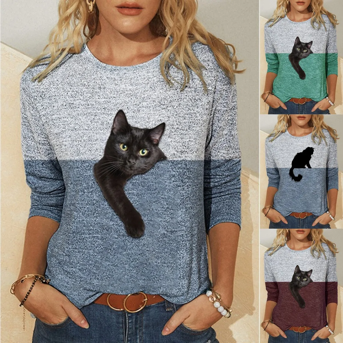 

Hit Color Funny Cute 3D Cat Printing T Shirts Women's Clothes Casual Harajuku Cartoon Tops Long Sleeve Pullover Tee Shirt Femme