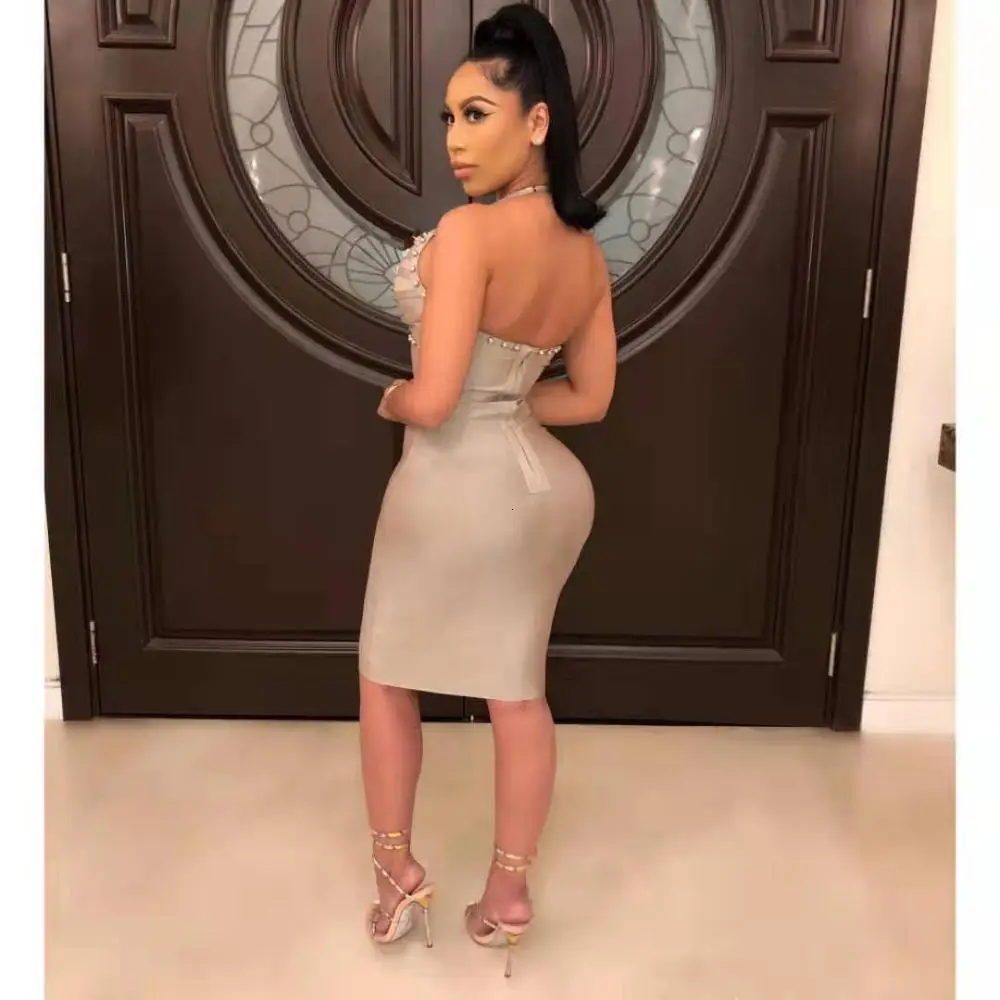 

High Quality Celebrity Khaki Slip Rayon Bandage Dress Bodycon Evening Party Sexy Dress