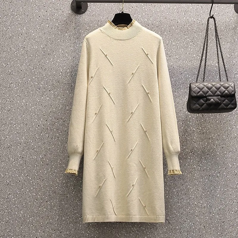 

High Turtleneck Sweater Top Fashion Elegant Pleated Cuff L ong Knittking Pullover Loose Large Size Beading Women's Knit Sweater