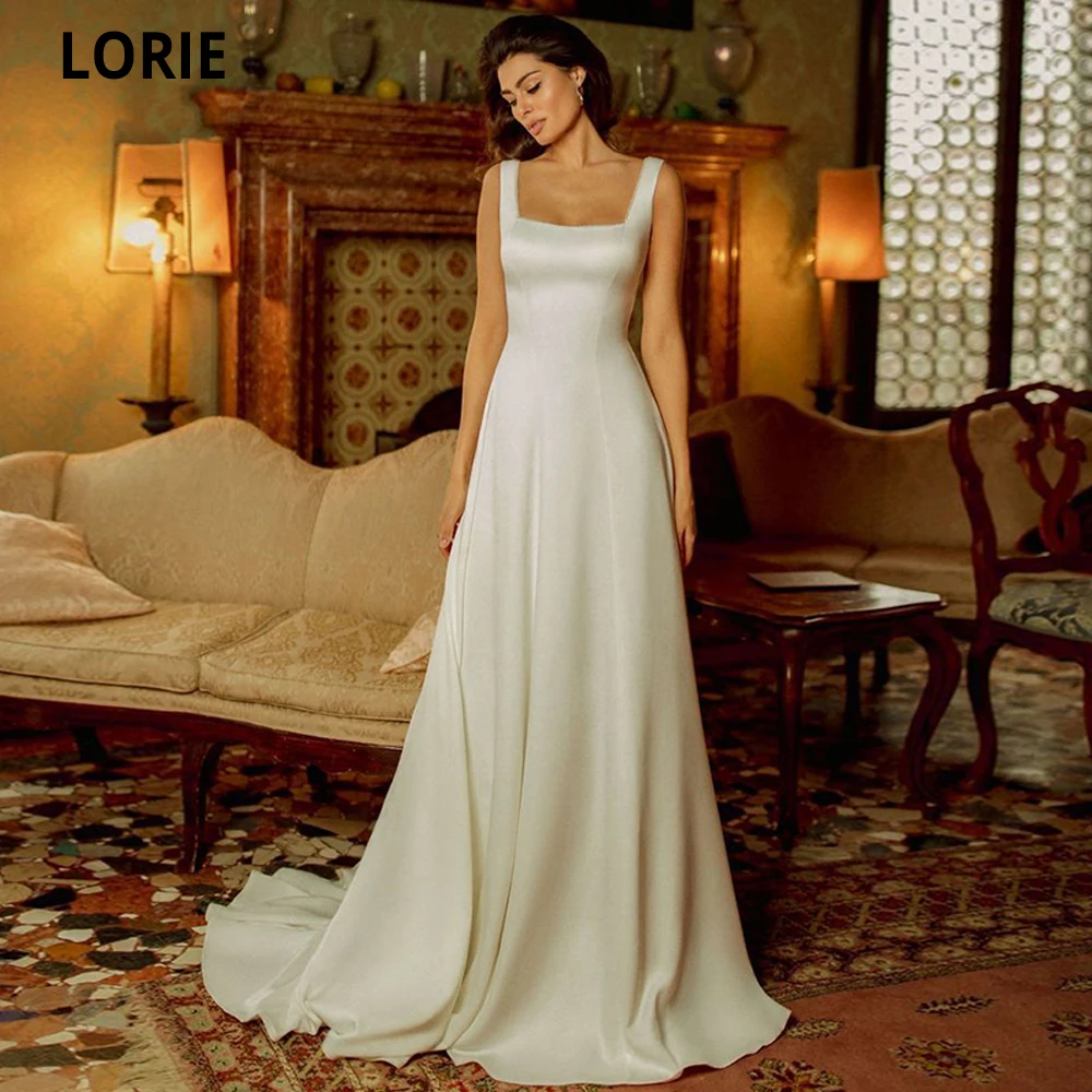

LORIE 2020 Simple Satin Wedding Dresses A-Line Bridal Gowns Square Collar Open Back Cheap Beach Wedding Party Dress For Women