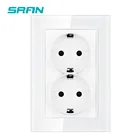 Электрическая розетка SRAN с двойной рамой, 16 А, 250 В, белая стеклянная панель, 122 мм * 82 мм, с железной пластиной и железным креплением, настенная розетка с европейской вилкой