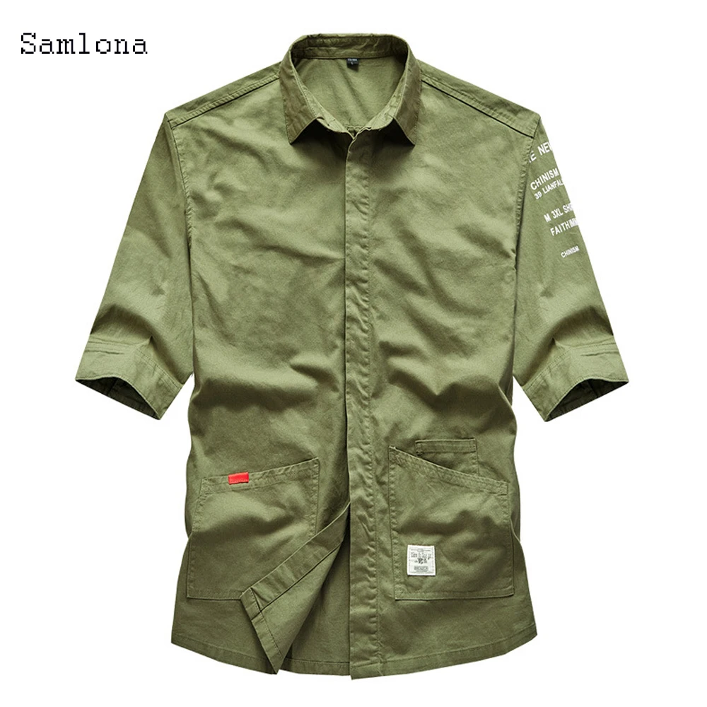 

Мужская повседневная однобортная рубашка, однотонная свободная полурубашка с несколькими карманами и отложным воротником, молодежная хло...